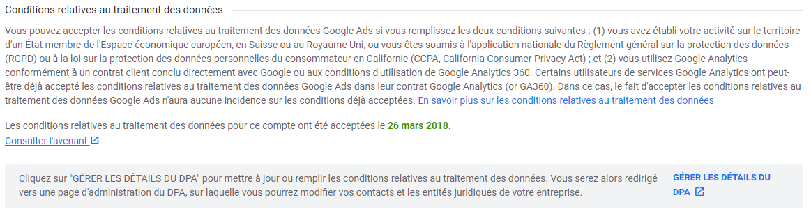 Google Analytics acceptation des clauses contractuelles types